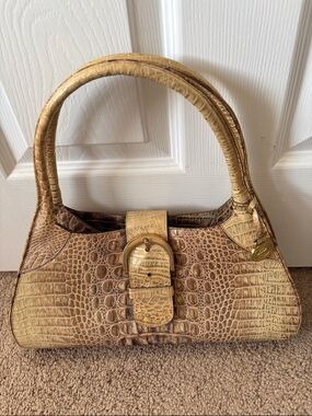 Croc-Embossed Beige Buckle Shoulder Bag
